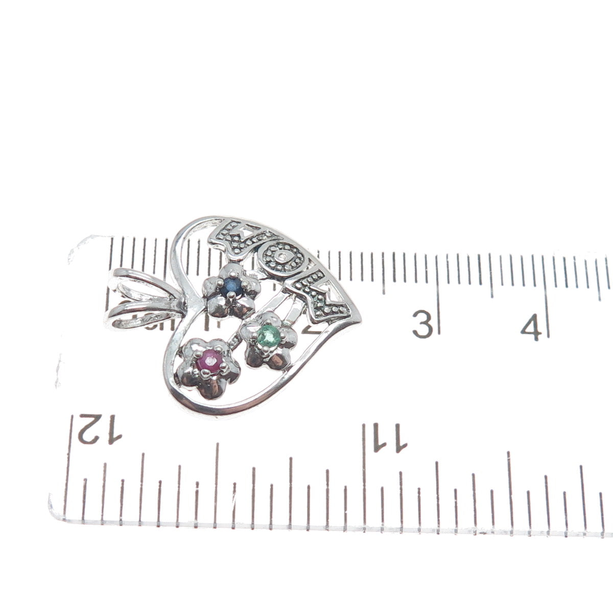 NEVADA 925 Sterling Silver Real Sapphire Ruby & Emerald Mom Heart Mini Pendant
