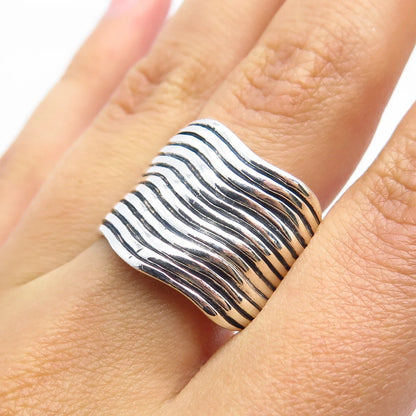 925 Sterling Silver Vintage Striped Wavy Wide Ring Size 8.75