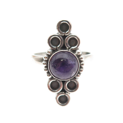 925 Sterling Silver Vintage Real Amethyst Modernist Oxidized Ring Size 8.5