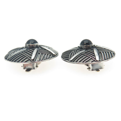 925 Sterling Silver Vintage Real Black Onyx Round Oxidized Clip On Earrings