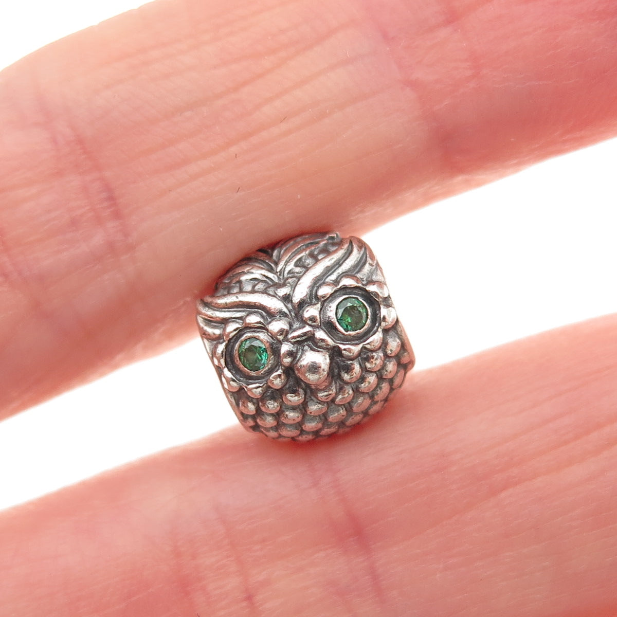 PANDORA 925 Sterling Silver Green C Z Wise Owl Slide Bead Charm