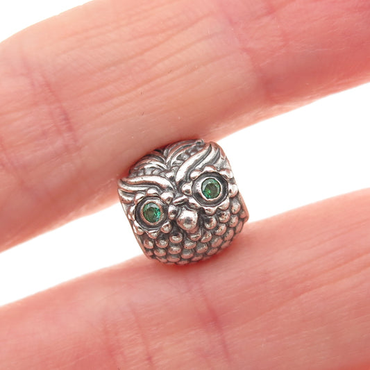 PANDORA 925 Sterling Silver Green C Z Wise Owl Slide Bead Charm