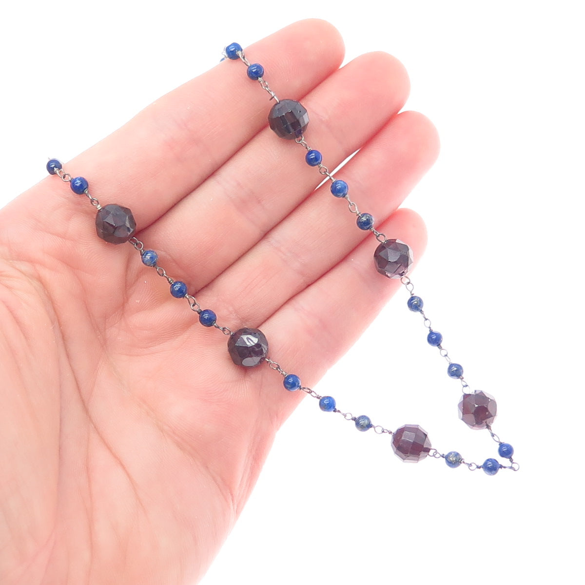925 Sterling Silver Vintage Real Red Garnet & Lapis Beaded Chain Necklace 18"