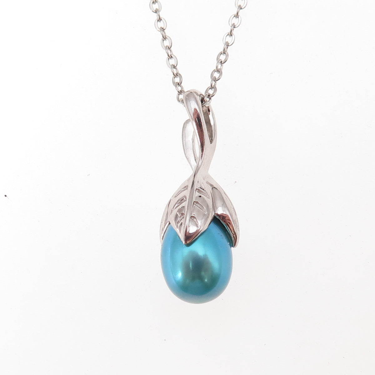 925 Sterling Silver Real Tahitian Blue Pearl Floral Cable Chain Necklace 18"