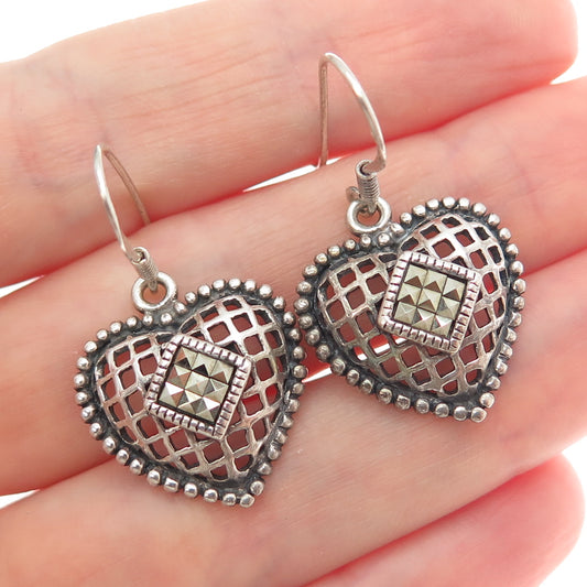 KC Designs 925 Sterling Silver Vintage Real Marcasite Heart Dangle Earrings