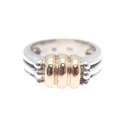 14K Gold 925 Sterling Silver Vintage Modernist Ribbed Oxidized Ring Size 5.75