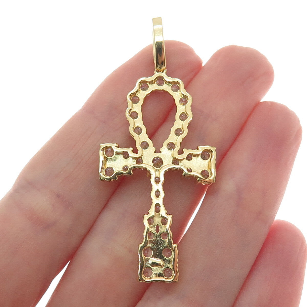 925 Sterling Silver Gold Plated Round-Cut C Z Egyptian Ankh Pendant