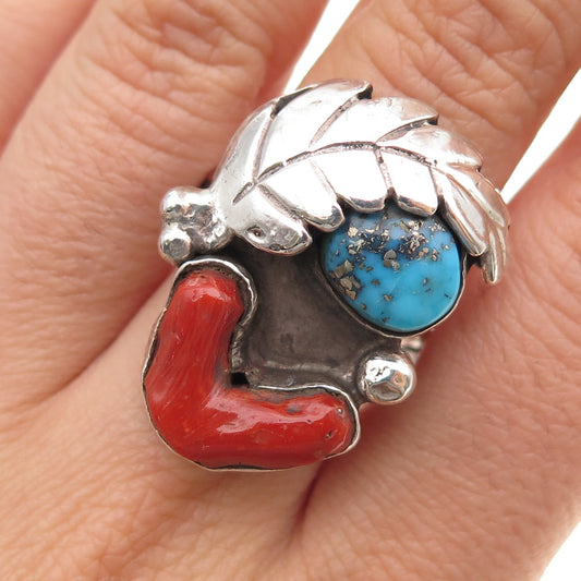 Old Pawn 925 Sterling Silver Vintage Turquoise & Coral Feather Ring Size 10.75