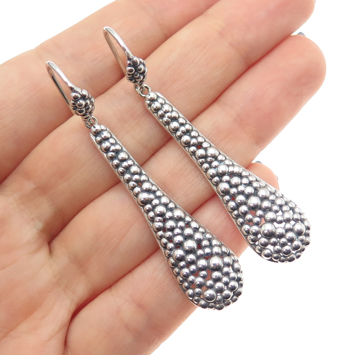 ZINA 925 Sterling Silver Vintage Modernist Beaded Oxidized Dangle Earrings