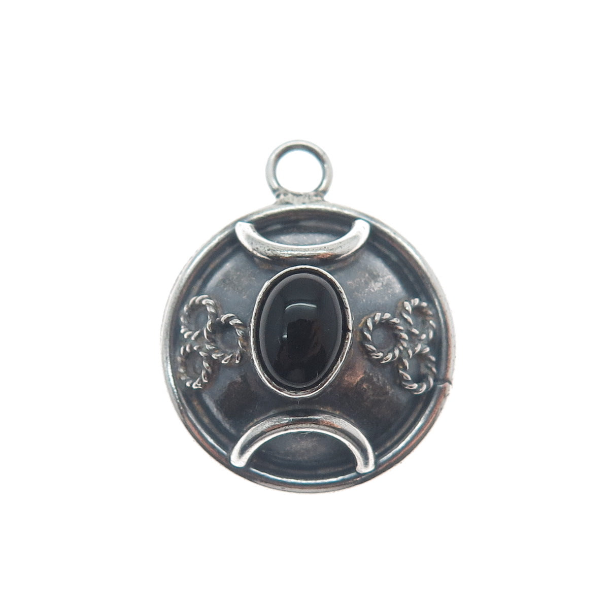 METSA 925 Sterling Silver Vintage Real Black Onyx Ornate Oxidized Charm Pendant