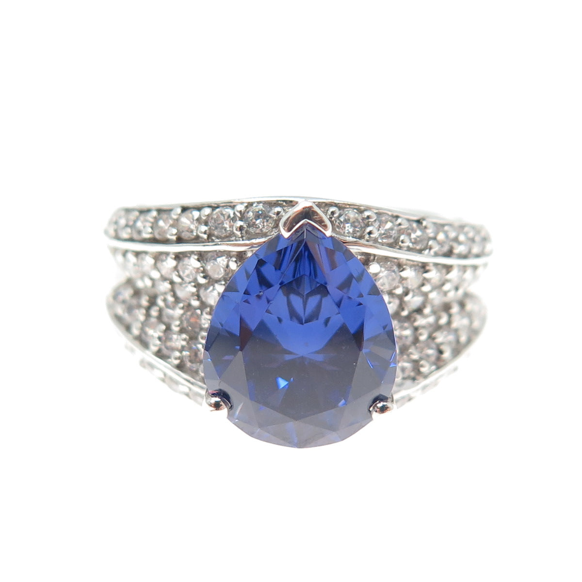 925 Sterling Silver Pear & Round-Cut Blue White C Z  Ring Size 6