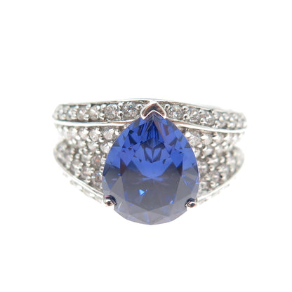 925 Sterling Silver Pear & Round-Cut Blue White C Z  Ring Size 6