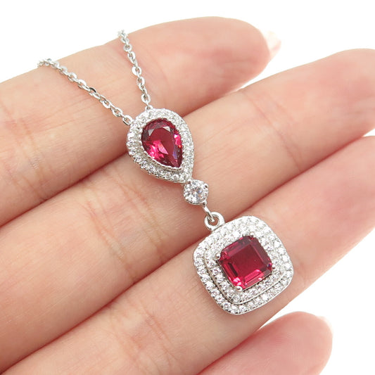 925 Sterling Silver Multi-Cut Pink & White C Z Cable Chain Necklace 16"