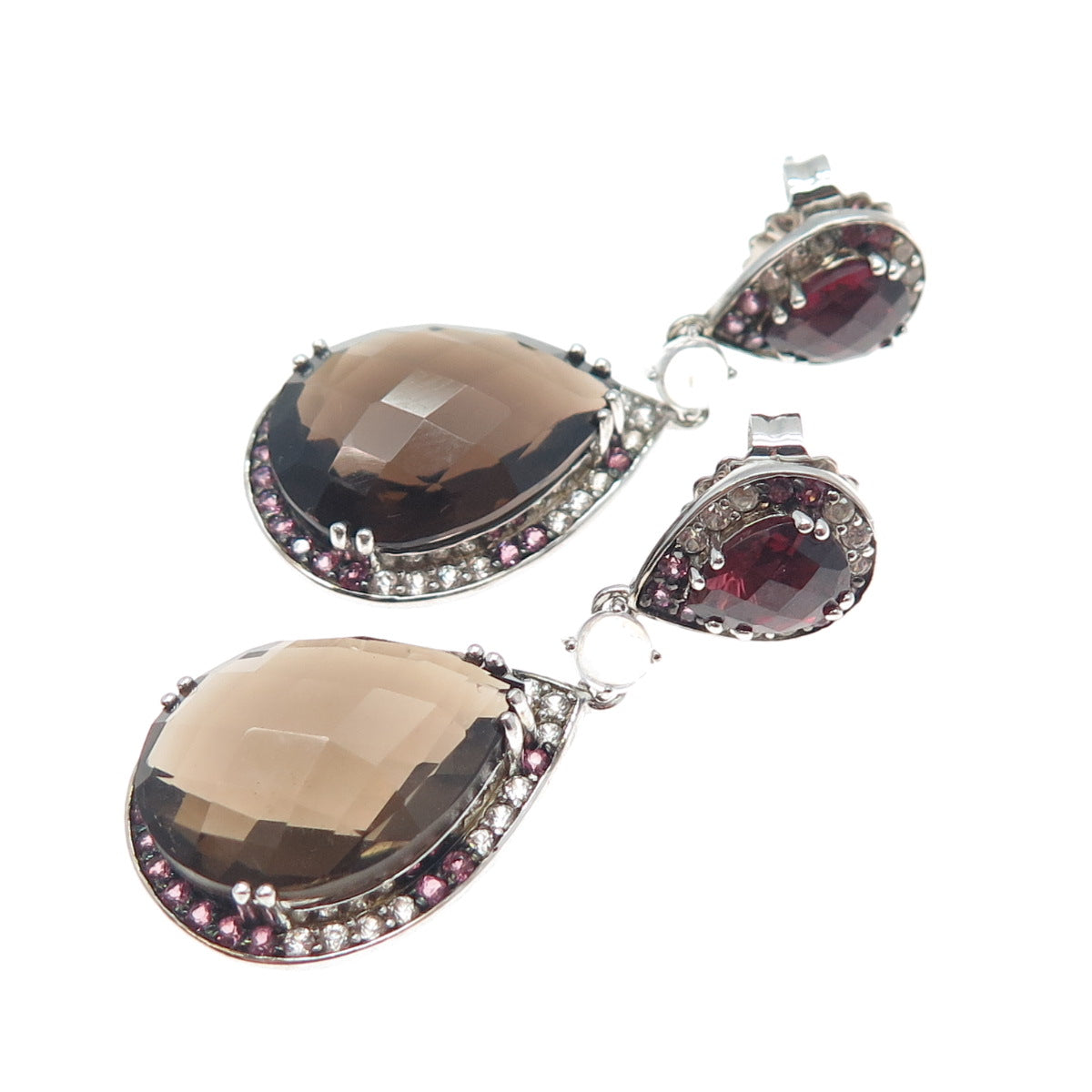 925 Sterling Silver Real Smoky Quartz Topaz Tourmaline Moonstone Dangle Earrings