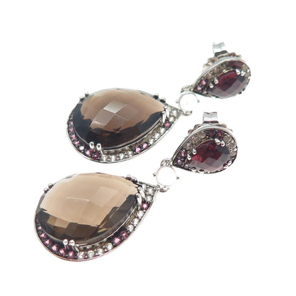 925 Sterling Silver Real Smoky Quartz Topaz Tourmaline Moonstone Dangle Earrings