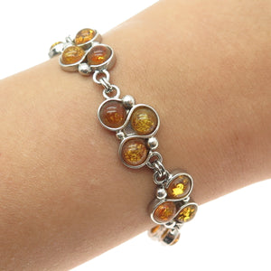 925 Sterling Silver Vintage Real Amber Modernist Link Bracelet 7.5"