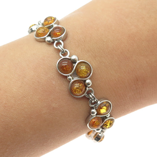 925 Sterling Silver Vintage Real Amber Modernist Link Bracelet 7.5"