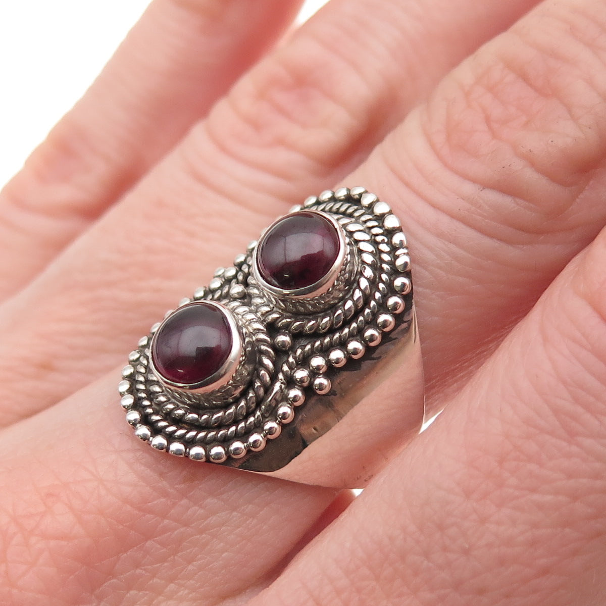 925 Sterling Silver Vintage Real Tourmaline Granulated Oxidized Ring Size 7.75
