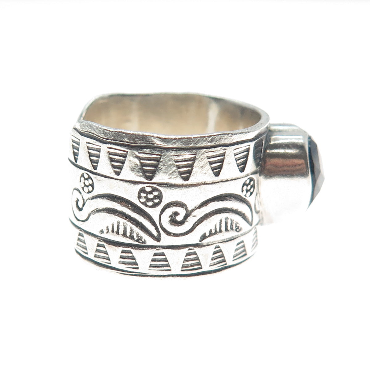 925 Sterling Silver Vintage Real Black Spinel Tribal Adjustable Ring Size 8.75