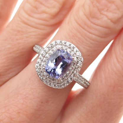 925 Sterling Silver Real Tanzanite & Round-Cut White Topaz Ring Size 8