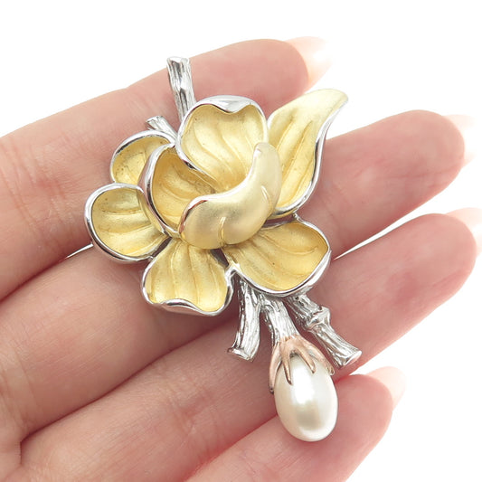 ROSS SIMONS 925 Sterling Silver 3-Tone Real Pearl Flower Slide Pendant