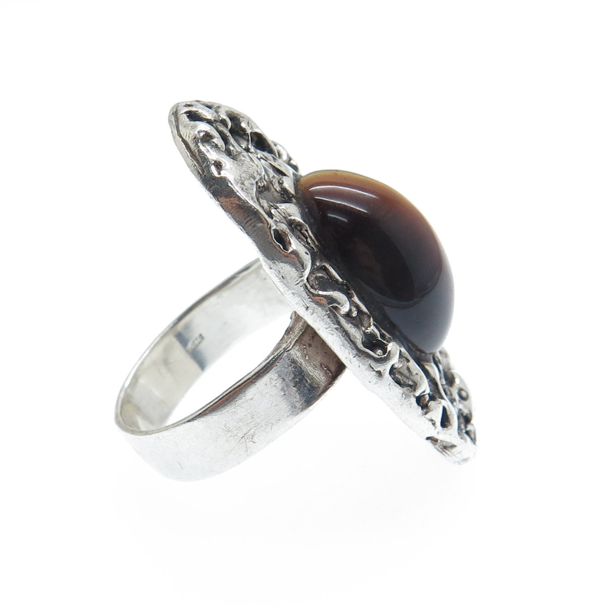 925 Sterling Silver Vintage Real Tiger Eye Modernist Nugget Oxidized Ring Size 8