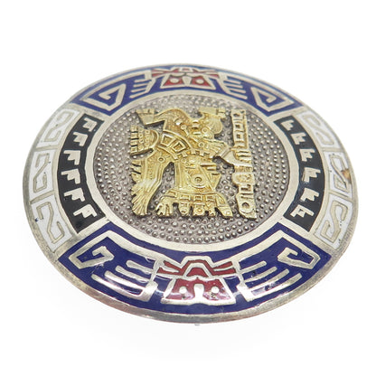 925 Sterling Silver & 18K Gold Vintage Peru Enamel Inca Deity Pin Pendant