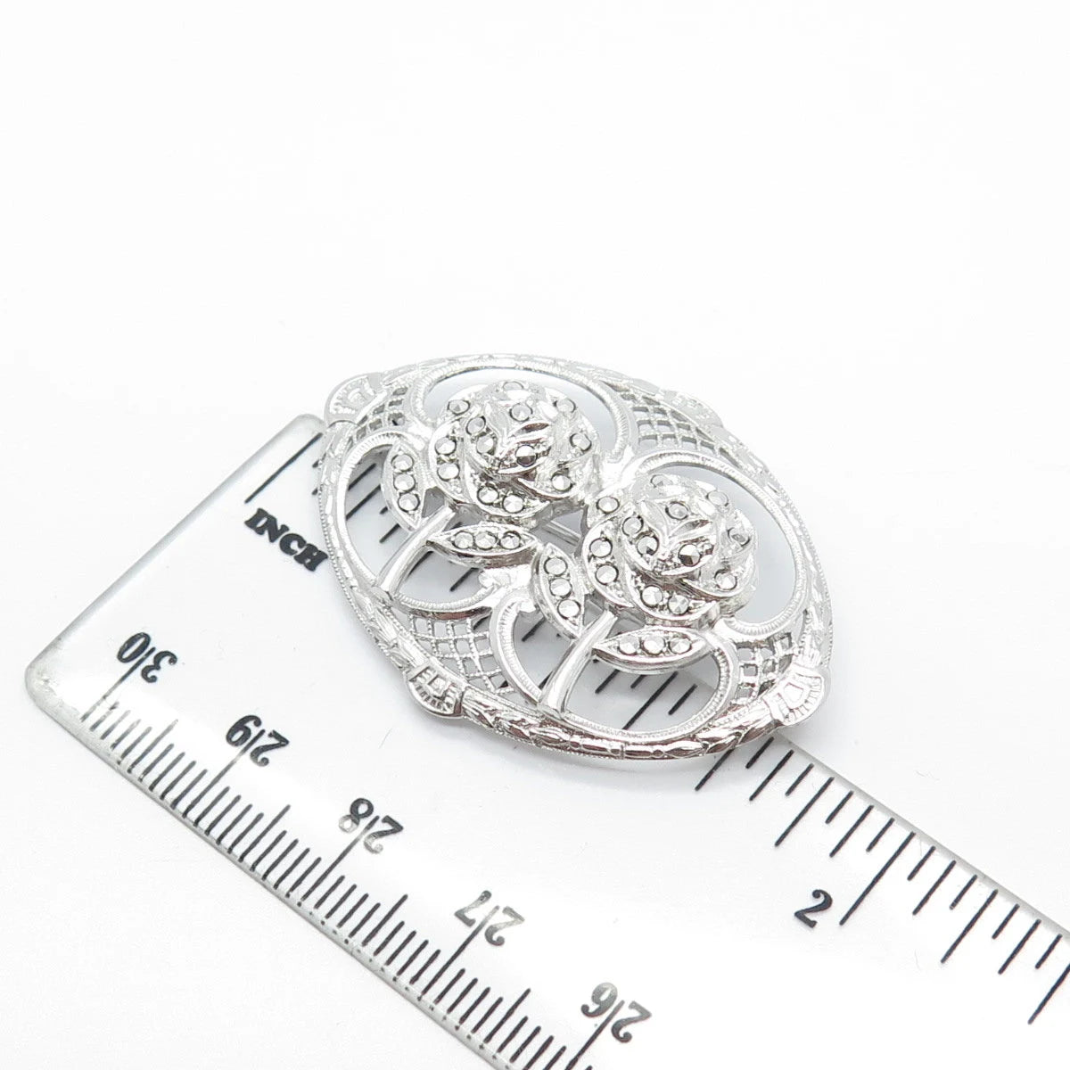 925 Sterling Silver Antique Real Marcasite Gemstone Rose Floral Pin Brooch