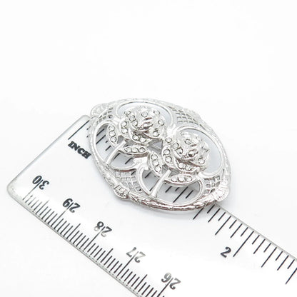 925 Sterling Silver Antique Real Marcasite Gemstone Rose Floral Pin Brooch