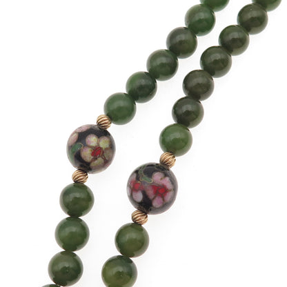 1/20 12K Gold Filled Vintage Cloisonne Enamel Real Jade Ball Beaded Necklace 24"