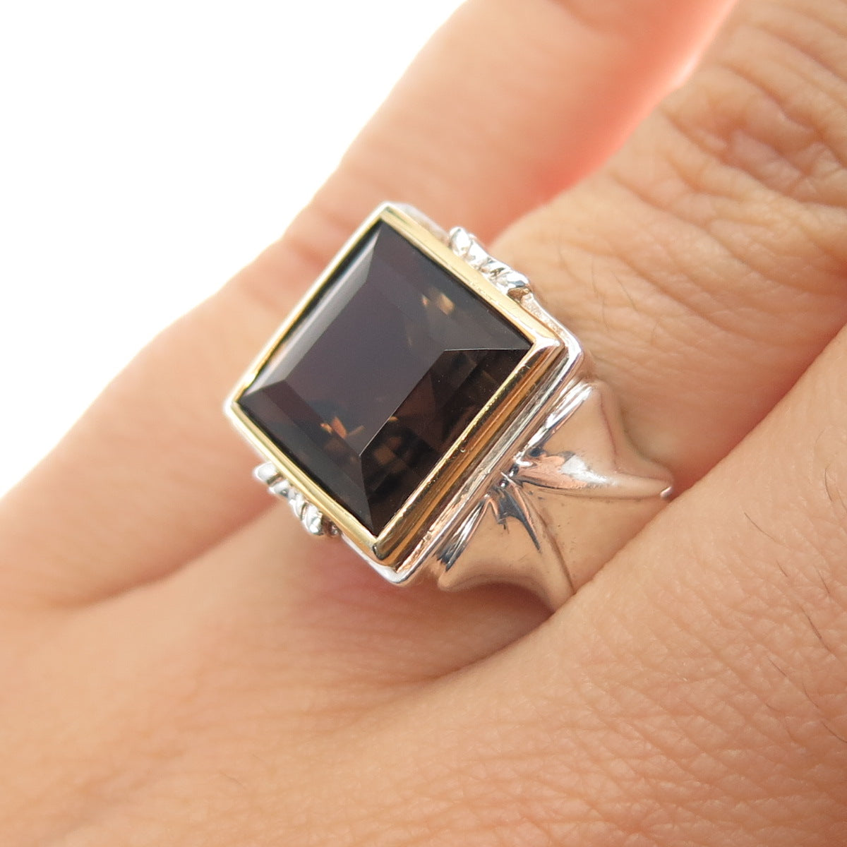 ALON DILLER 925 Sterling Silver 2-Tone Vintage Real Smoky Quartz Ring Size 6.25