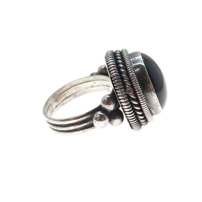925 Sterling Silver Vintage Real Black Onyx Modernist Oxidized Ring Size 7