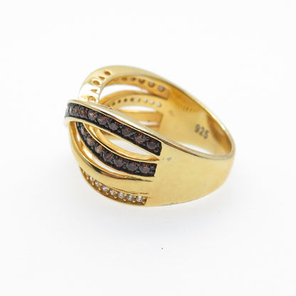 925 Sterling Silver Gold Plated Real Smoky Quartz C Z Crisscross Ring Size 7.25