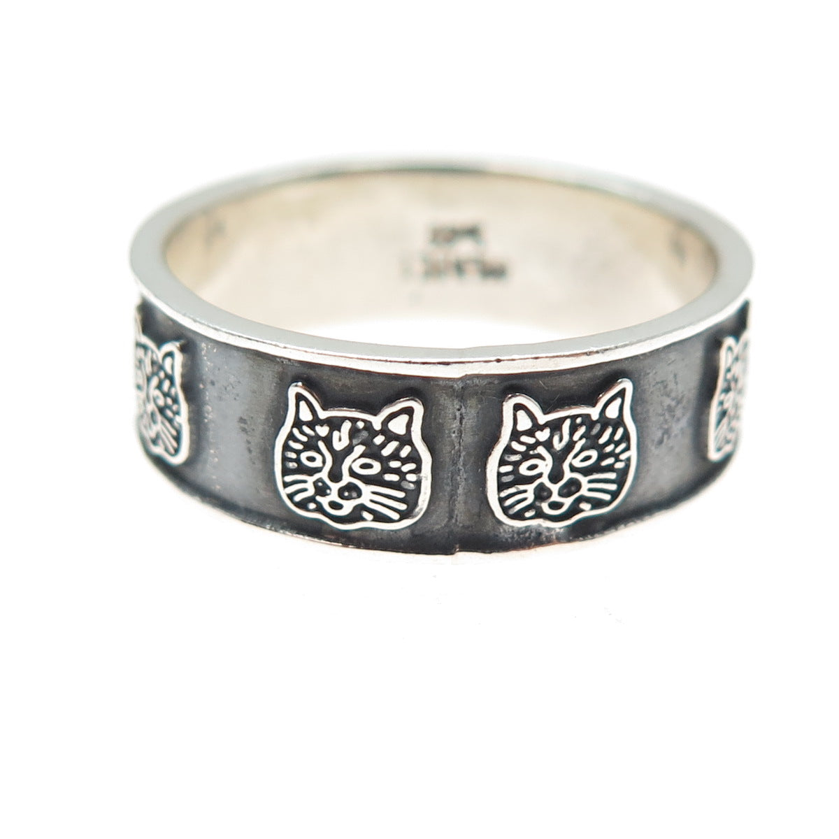 925 Sterling Silver Vintage Mexico Cat All Around Oxidized Band Ring Size 12.25