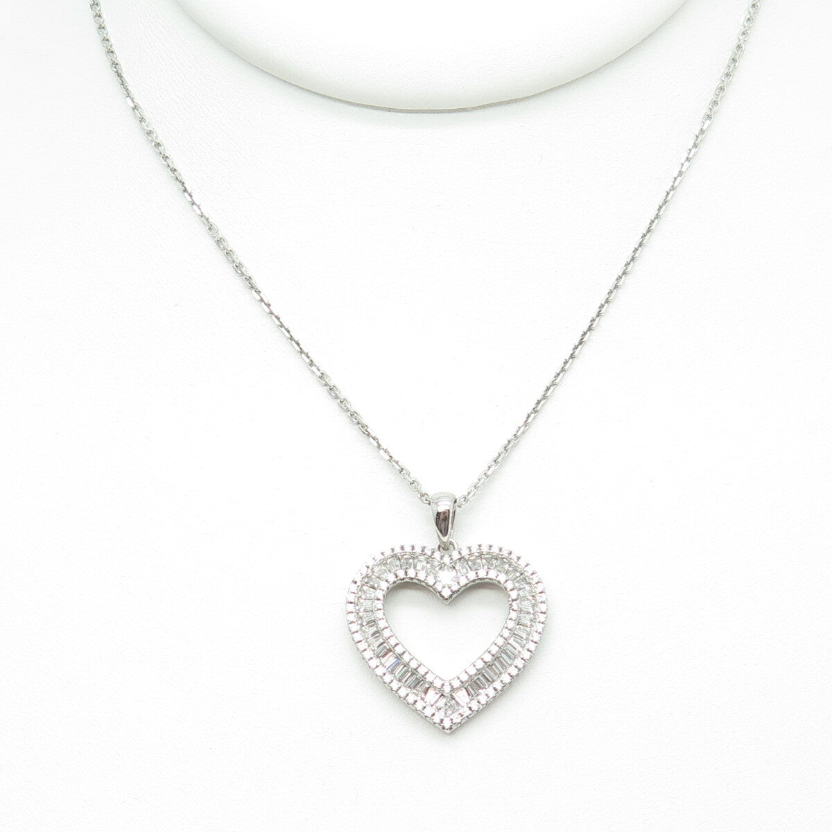 925 Sterling Silver Tapered Baguette & Round C Z Heart Cable Chain Necklace 16"