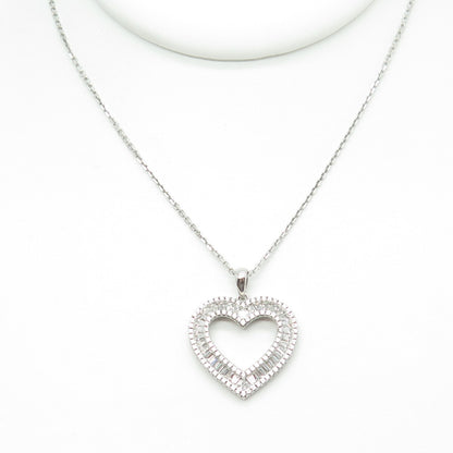 925 Sterling Silver Tapered Baguette & Round C Z Heart Cable Chain Necklace 16"