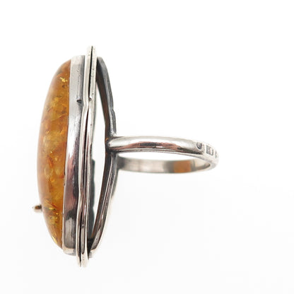 925 Sterling Silver Vintage Poland Real Amber Modernist Oxidized Ring Size 6.5