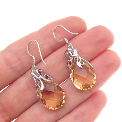 925 Sterling Silver Real Citrine Amethyst Peridot & Red Garnet Dangle Earrings