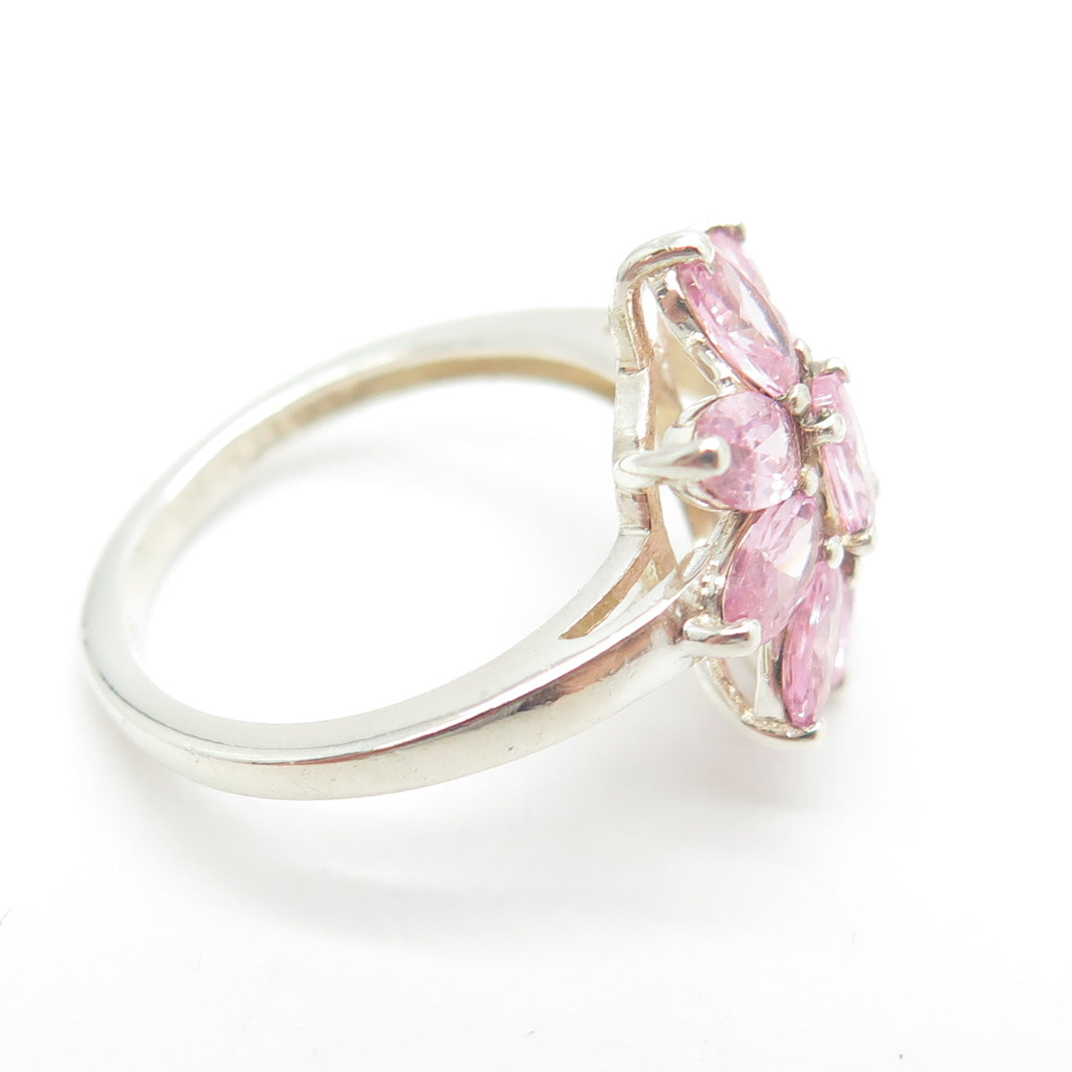 CHUCK CLEMENCY 925 Sterling Silver Pink Oval-Cut Shaped C Z Floral Ring Size 5