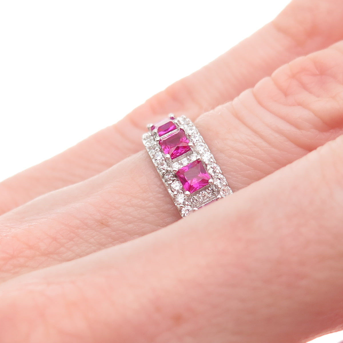 925 Sterling Silver Lab-Created Ruby & C Z Band Ring Size 5.25