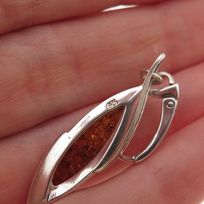 925 Sterling Silver Vintage Real Amber Modernist Dangle Earrings