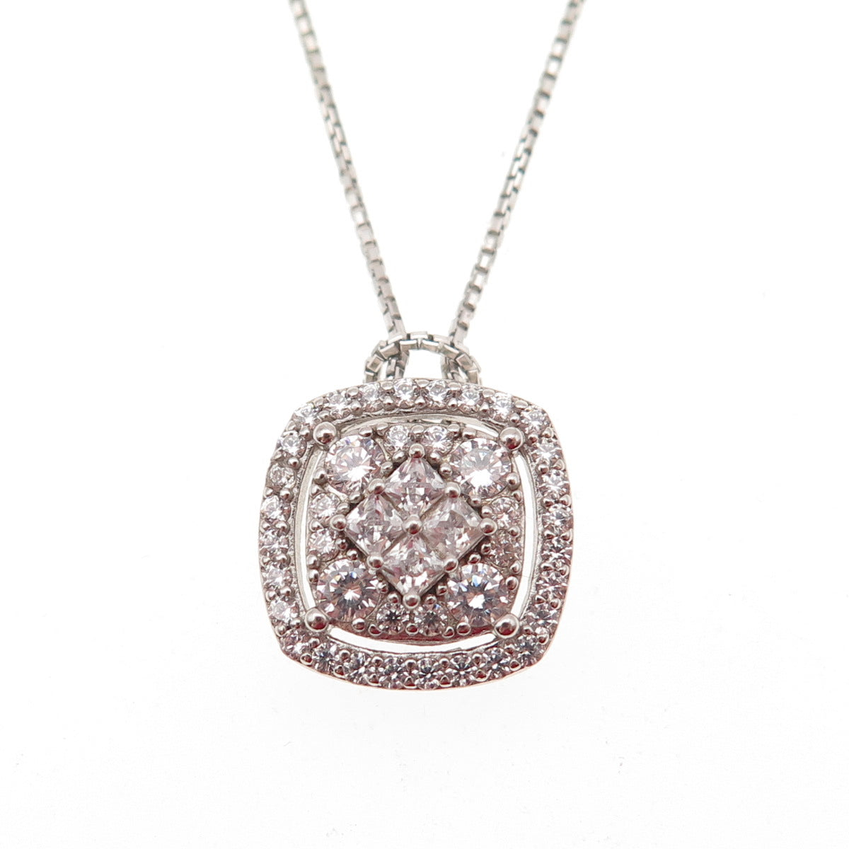 925 Sterling Silver Italy Round & Princess-Cut C Z Box Chain Necklace 16"