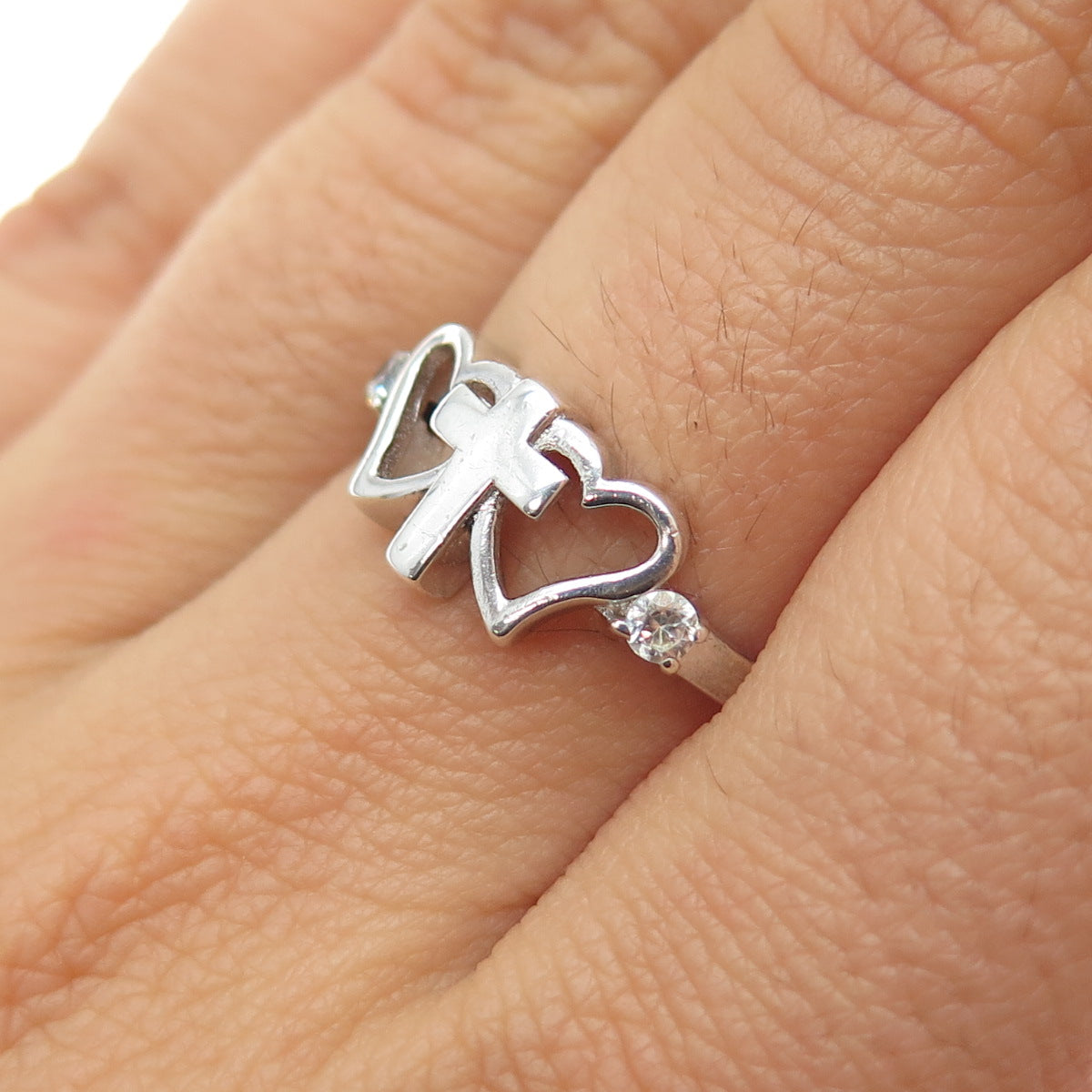 925 Sterling Silver Vintage C Z Cross Couple Heart Ring Size 7.25