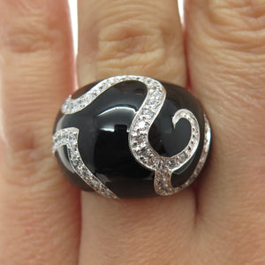 925 Sterling Silver Round-Cut Shaped C Z & Black Enamel Swirl Dome Ring Size 6