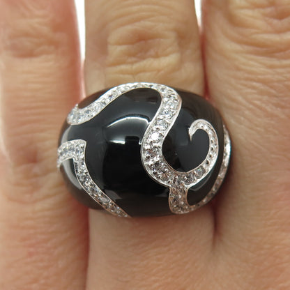 925 Sterling Silver Round-Cut Shaped C Z & Black Enamel Swirl Dome Ring Size 6