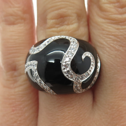 925 Sterling Silver Round-Cut Shaped C Z & Black Enamel Swirl Dome Ring Size 6