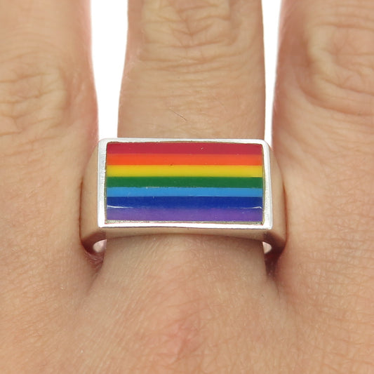 925 Sterling Silver Vintage Rainbow Enamel "Happy Pride" Ring Size 12.25