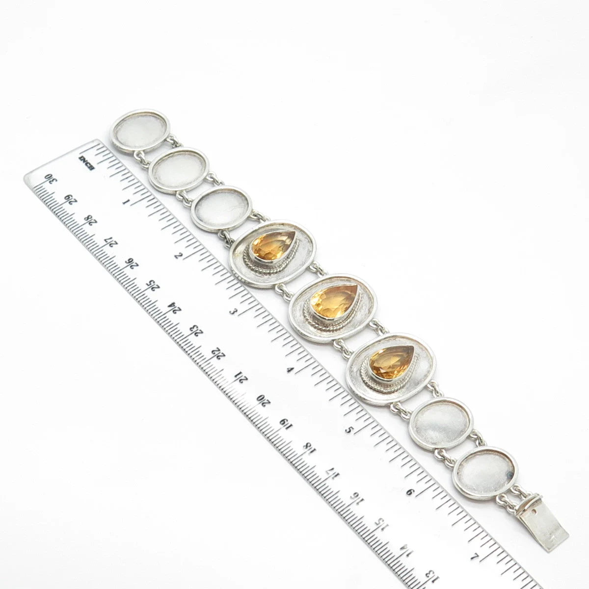 925 Sterling Silver Vintage Real Citrine Gemstone Modernist Bracelet 6.75"
