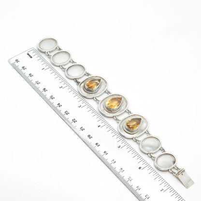 925 Sterling Silver Vintage Real Citrine Gemstone Modernist Bracelet 6.75"
