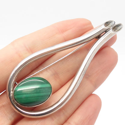 925 Sterling Silver Vintage Real Malachite Gemstone Modernist Pin Brooch
